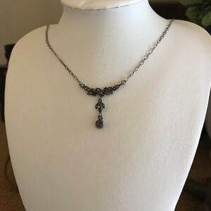 Delicate Silver 925 Choker Marcasite Dangling Amethyst Chip